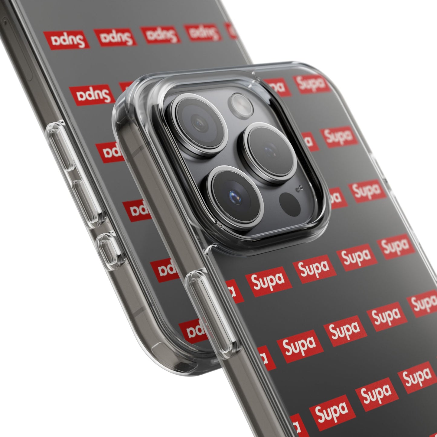 Clear Impact-Resistant Phone Case — Red "Supa" Logo Pattern