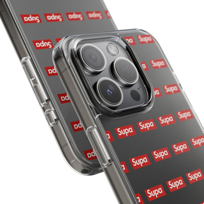 Clear Impact-Resistant Phone Case — Red "Supa" Logo Pattern