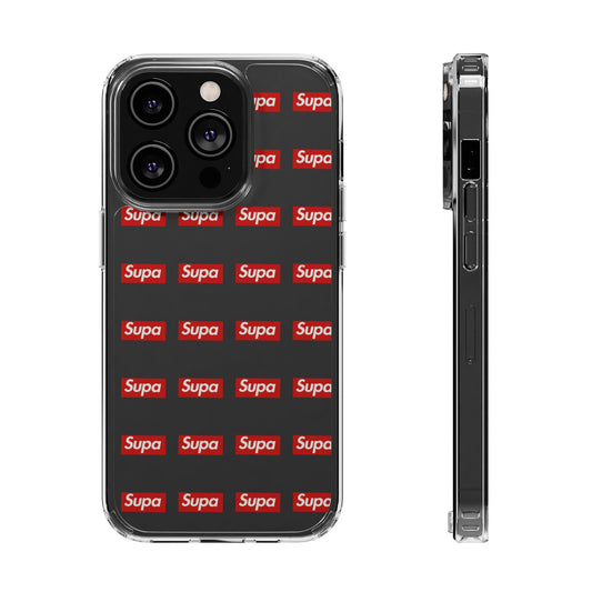 Clear Impact-Resistant Phone Case — Red "Supa" Logo Pattern