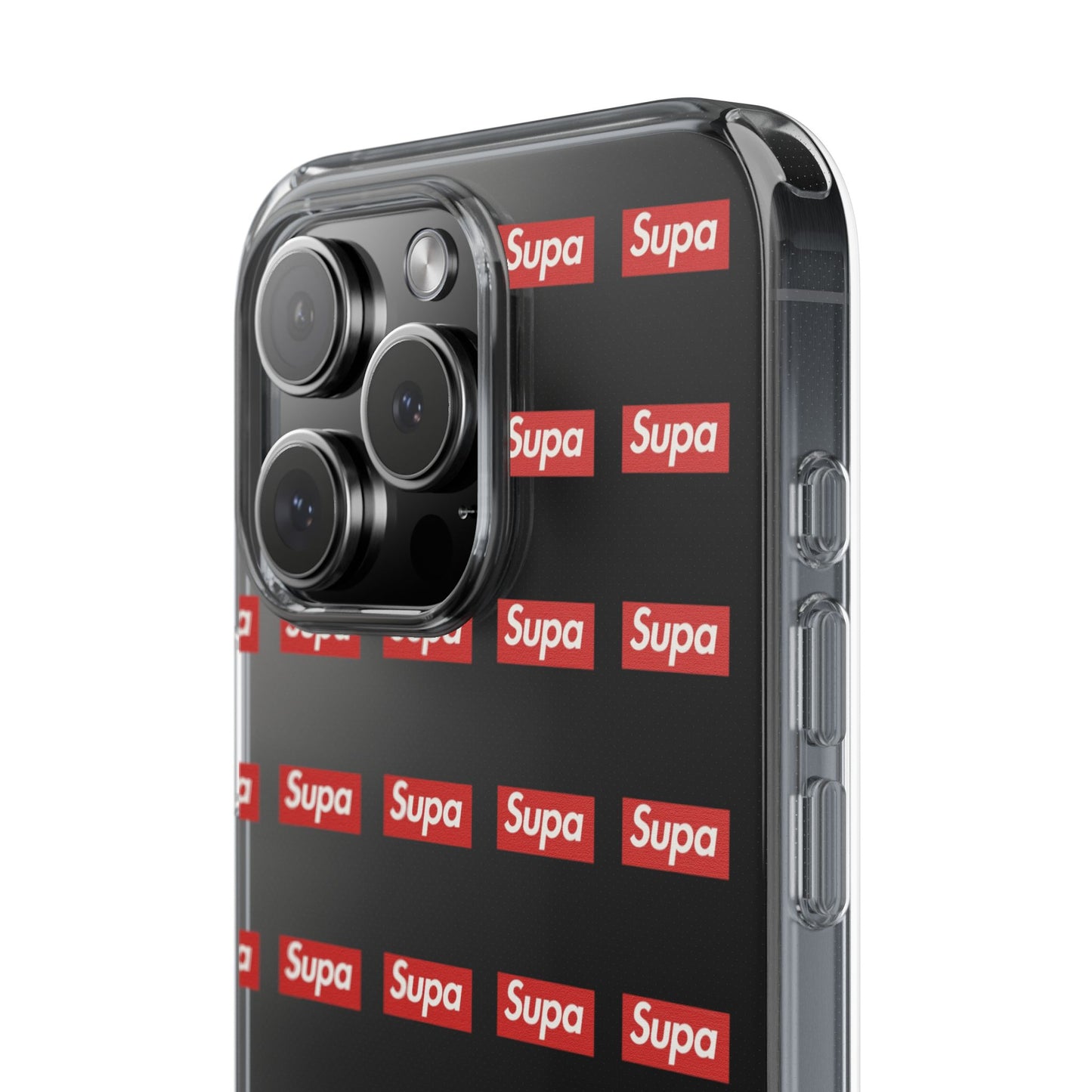Clear Impact-Resistant Phone Case — Red "Supa" Logo Pattern