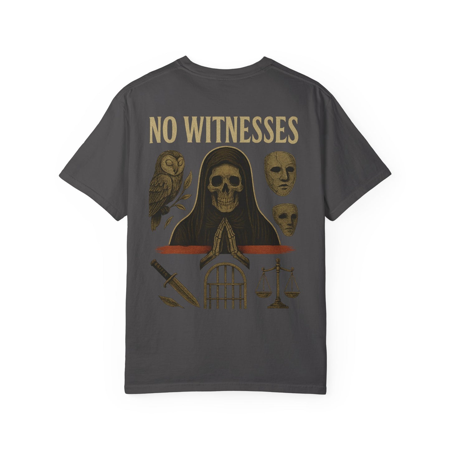No Witnesses Graphic T-Shirt — 'Supa' Chest Logo, Gothic Skull Back Art
