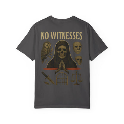 No Witnesses Graphic T-Shirt — 'Supa' Chest Logo, Gothic Skull Back Art
