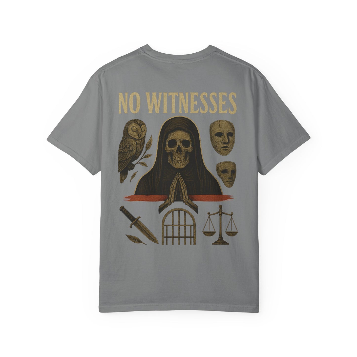No Witnesses Graphic T-Shirt — 'Supa' Chest Logo, Gothic Skull Back Art