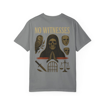 No Witnesses Graphic T-Shirt — 'Supa' Chest Logo, Gothic Skull Back Art