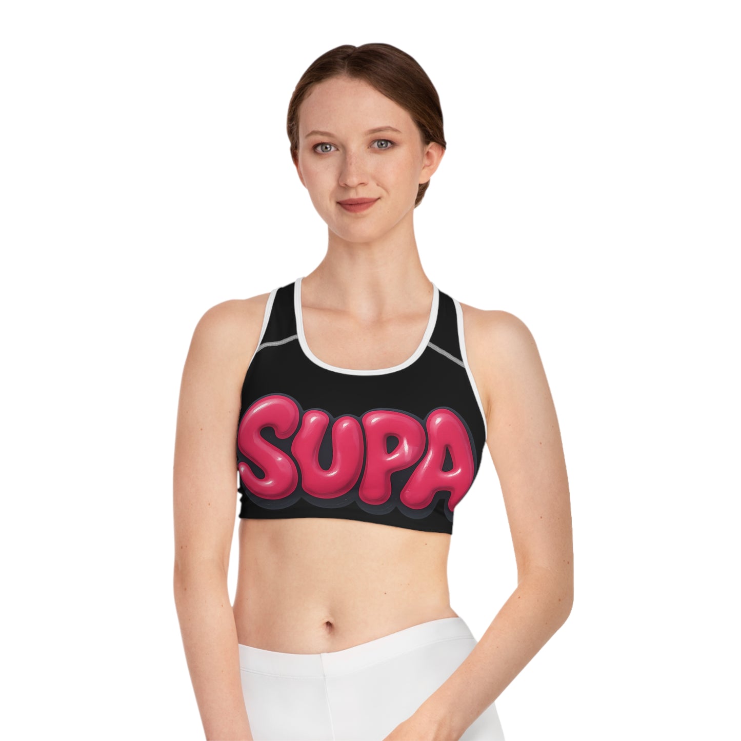 Supa Bubble Text Sports Bra — Bold Pink Graphic Activewear