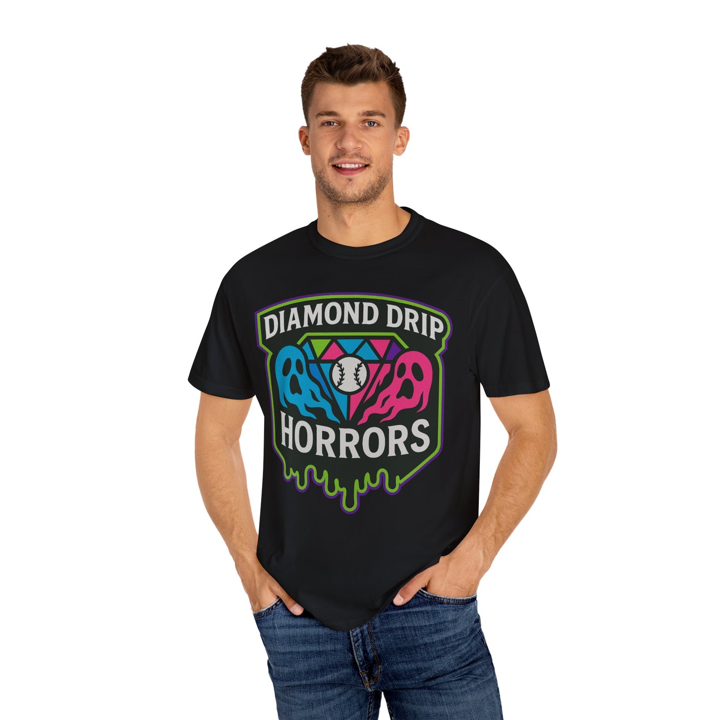 Diamond Drip Horrors T-Shirt — Retro Horror Baseball Graphic Tee