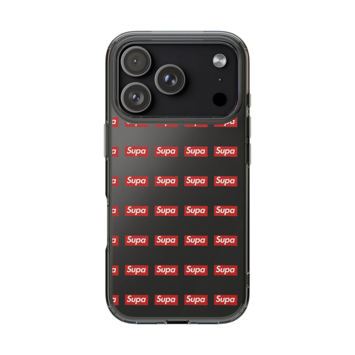 Clear Impact-Resistant Phone Case — Red "Supa" Logo Pattern