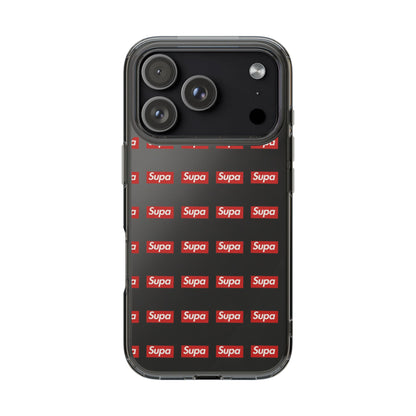 Clear Impact-Resistant Phone Case — Red "Supa" Logo Pattern