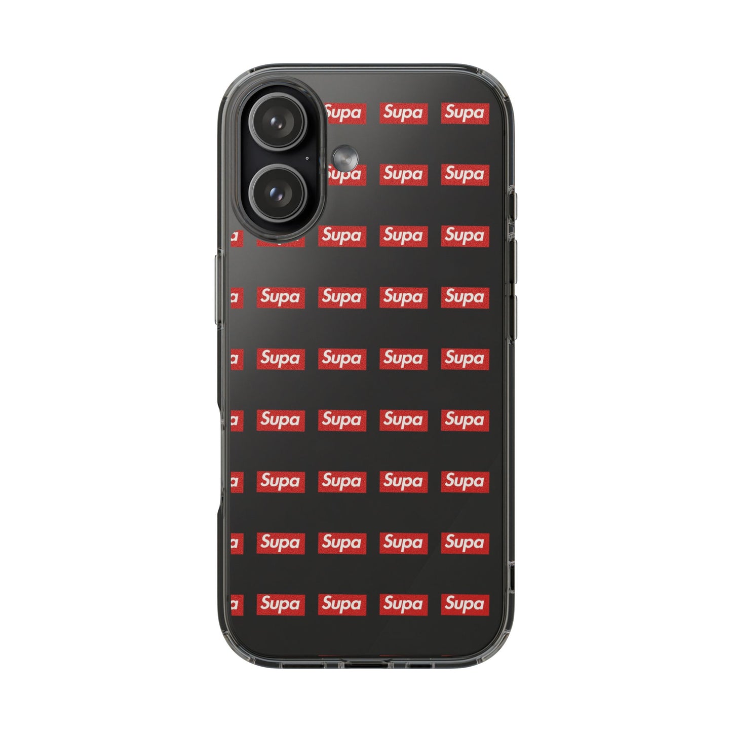 Clear Impact-Resistant Phone Case — Red "Supa" Logo Pattern