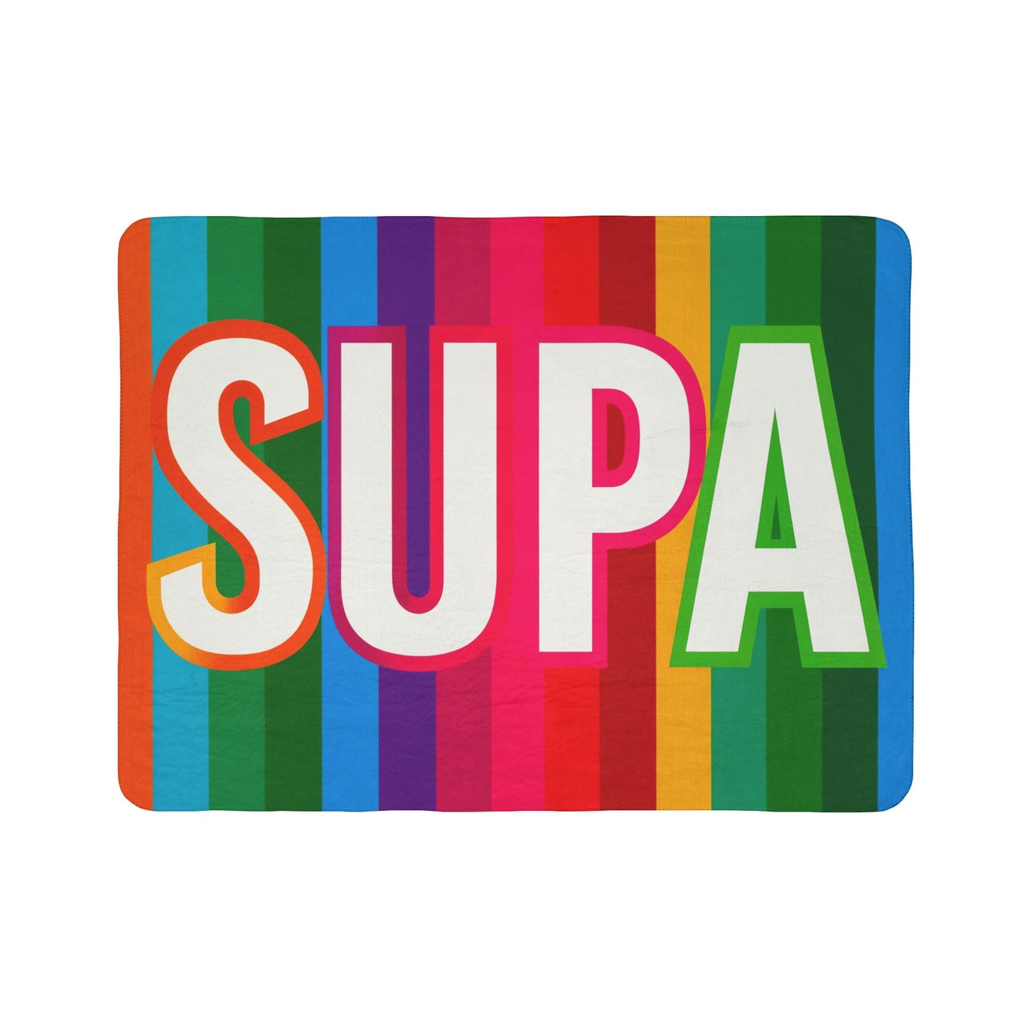 Supa Colorful Striped Fleece Sherpa Blanket — Bold Rainbow 'SUPA' Cozy Throw
