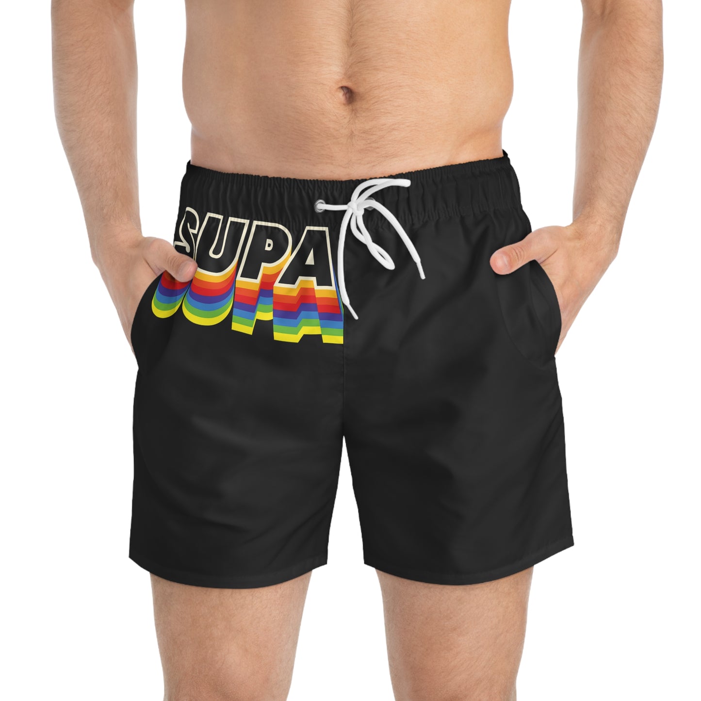 Retro Rainbow 'SUPA' Swim Trunks - Black Beach Shorts