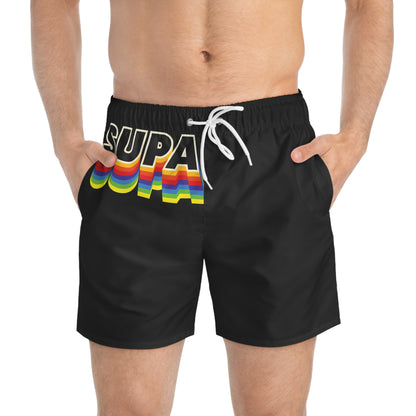 Retro Rainbow 'SUPA' Swim Trunks - Black Beach Shorts