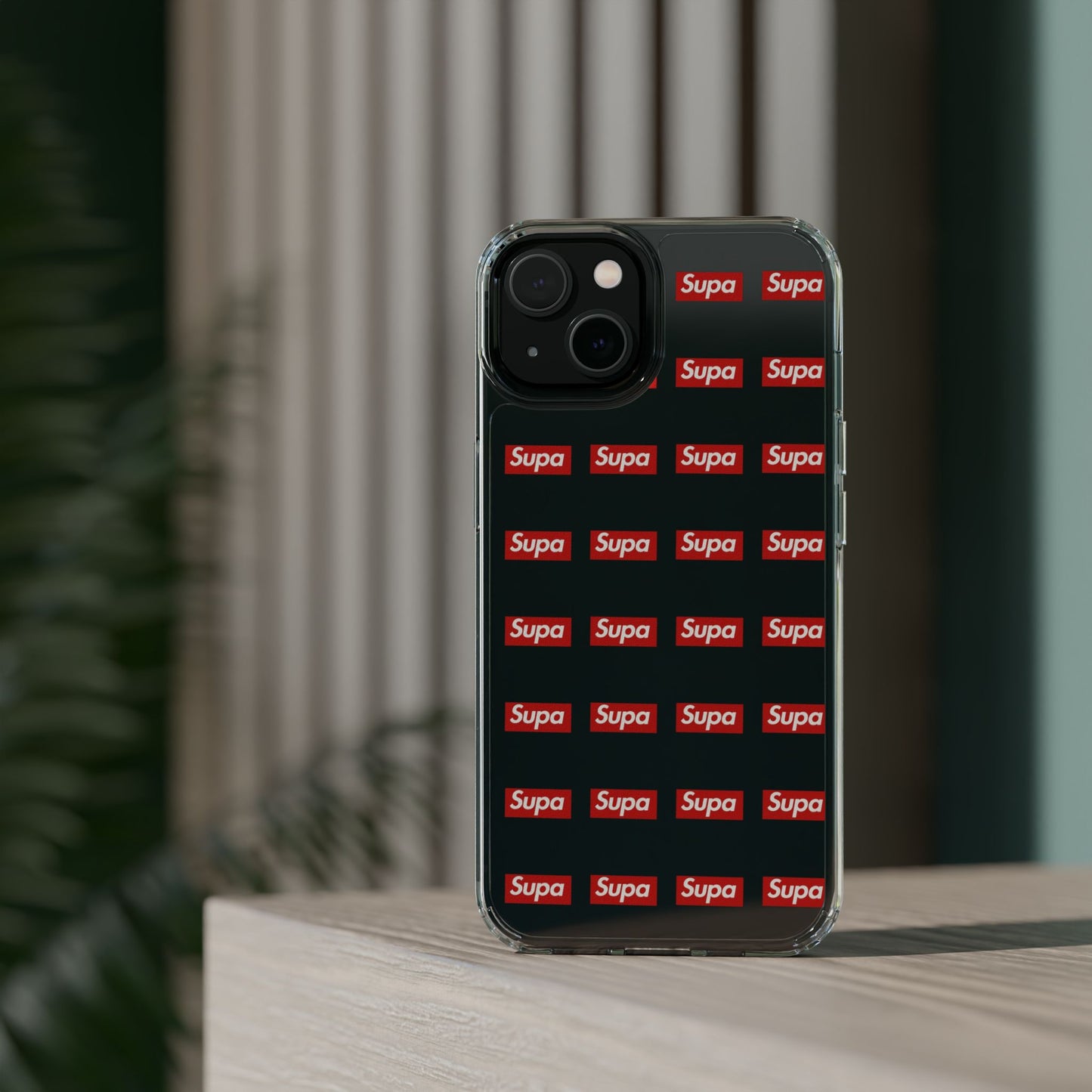 Clear Impact-Resistant Phone Case — Red "Supa" Logo Pattern