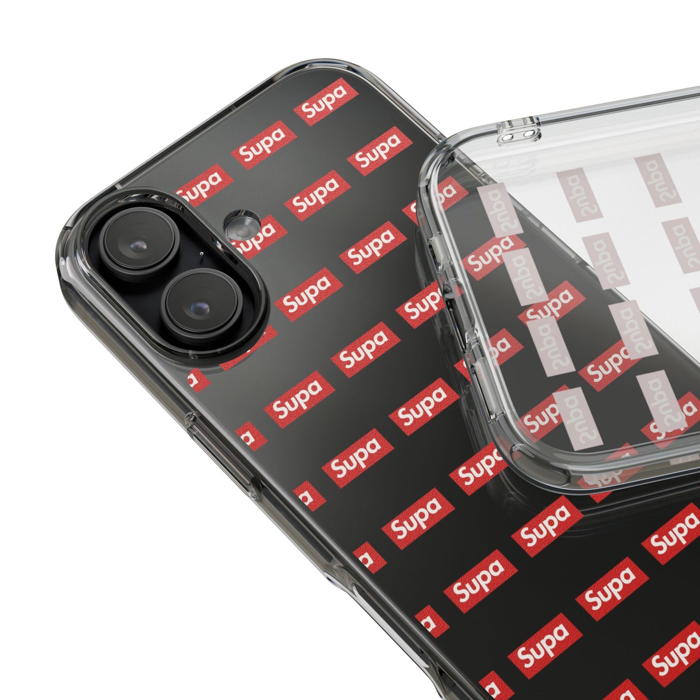 Clear Impact-Resistant Phone Case — Red "Supa" Logo Pattern