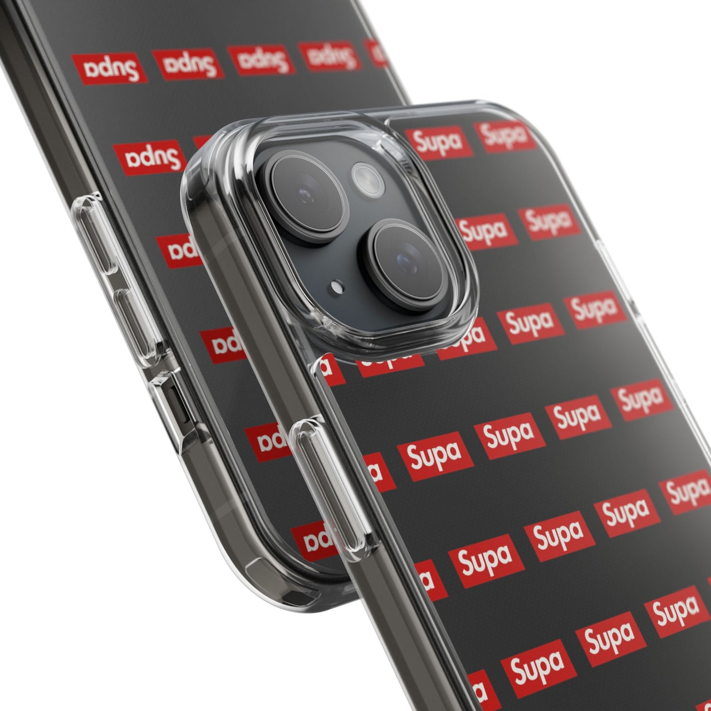 Clear Impact-Resistant Phone Case — Red "Supa" Logo Pattern