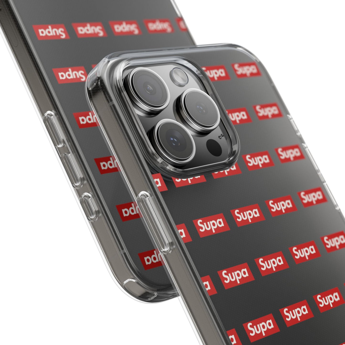 Clear Impact-Resistant Phone Case — Red "Supa" Logo Pattern