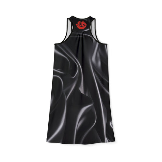 Satin-Effect Racerback Dress — Black Liquid Silk Print