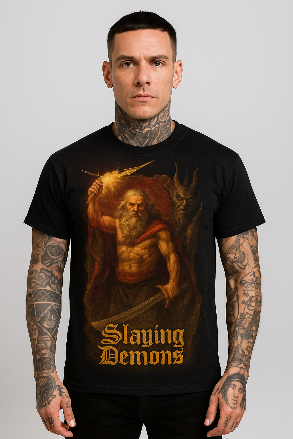 Slaying Demons Graphic Tee — Vintage Mythic Warrior T-Shirt