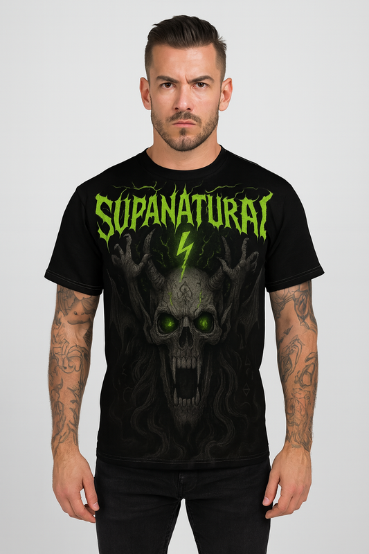 Supanatural Skull Tee — Neon Green Horror Graphic T-Shirt