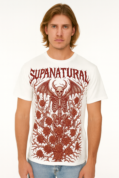 Supanatural Skeleton Wings Tee — Gothic Skull & Rose All-Over Print