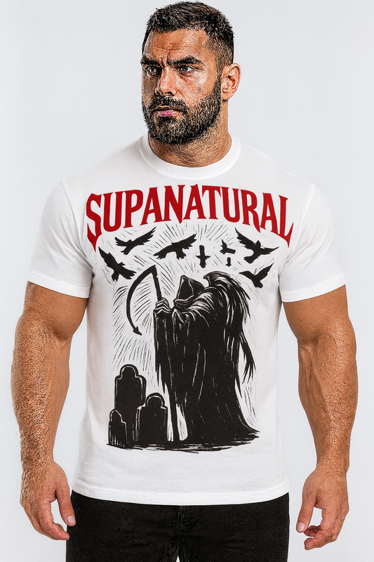 Supanatural Grim Reaper Graphic Tee — Gothic Cemetery Scythe T-Shirt