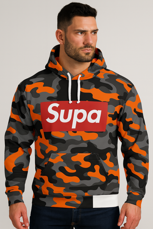 Orange & Black Camo Hoodie — All-Over Print Pullover