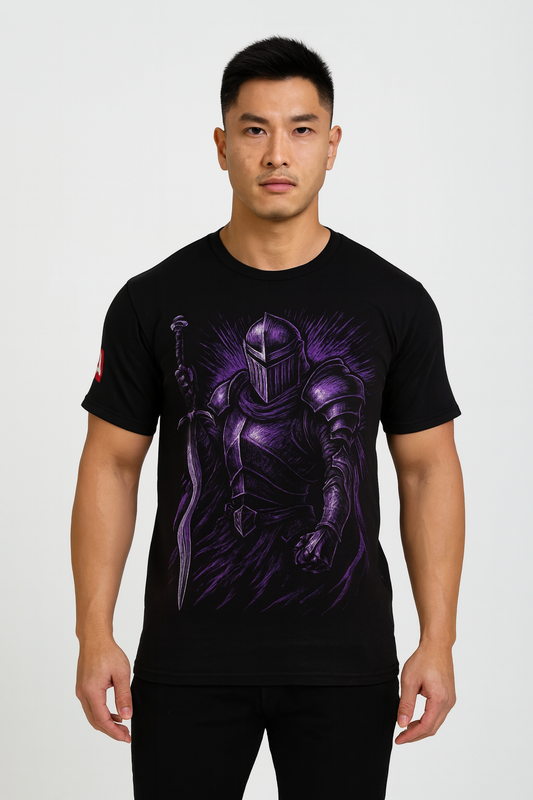Knight Armor Graphic Tee — Purple Dark Fantasy Sword T‑Shirt